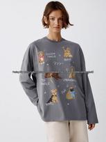 Women's Autumn Cute Puppy Print Long Sleeve 100% Cotton Hip Hop Top S tamsiai pilka spalva