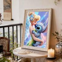 Starry Hug Pearl-Inlaid Tinker Bell & Stitch Frameless Art | Nebula Bg, Handmade 2D Pearl Craft, Ideal for Calm, Dreamy, Fairy Home Decor 35x45cm