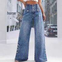 2026 Spring/Summer High-Waisted Retro Wide-Leg Denim Jeans with Multi-Buttons for Women Double Extra Large mėlyna