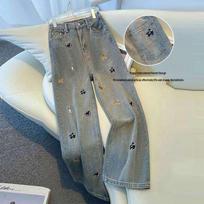 2026 New Autumn Women's High-Waist Wide-Leg Jeans with Dog Embroidery Extra Large šviesiai mėlyna spalva