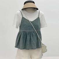 Elegance Casual Stylish Vest Versatile Denim V neck Camisole Undershirt Female Dark Color Design Sense Hem Ruffled Ruffles Loose Short Tops Summer One size (42.5-52.5 kg) šviesiai mėlyna spalva