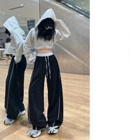 Kids Girls Contrast Line Drawstring Waist Baggy Wide Leg Heather Gray Casual Sport Sweatpants XS juoda