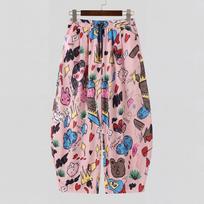 INCERUN Men's Harajuku Streetwear Graffiti Print Baggy Pants Casual Loose Hip Hop Wide Leg Trousers with Drawstring S rožinė
