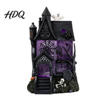 Spooky Fantasy Atmosphere Prop Gothic Resin Glitter Village Decoration, Halloween Haunted House Figurine with Purple Festive Fireplace Window Display
