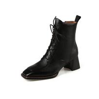 High Quality New Arrival Women Ankle Boots 2024 Autumn Winter Genuine Leather Thick Heels Square Toe Lace-Up Shoes Woman Casual 34 juoda