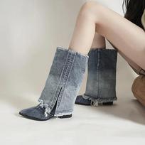 Fashion Pleated Block Heels Denim Boots for Women  Autumn Pointed Toe Women Fashion Sexy Cowboy Woman Denim Pointed Toe Chunky Boots 40 mėlyna