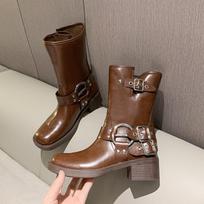 Women's Mid-Calf Boots High Quality Casual Leather Boot Retro Brown Black Western Cowboy Boots British Style Knight Boots Botas 35 ruda