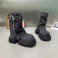 Mada 2025 Dizainerio Džinsiniai Moteriški Ankle Boots Mados Elegantiški Šoniniai Užtrauktukai Sagtis Batai Storas Kulnas Moteriški Modernūs Trumpi Batai 35 juoda