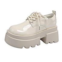 Aphixta 7.5cm Square Heel Ankle Boots Patent Leather Sneakers Women's Shoes Chunky Sole Lace Up Black Boots Shoes Women 35 smėlis