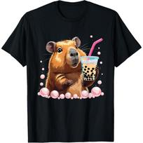 Capybara Kawaii Anime Drinking Bubble Tea T-Shirt S juoda