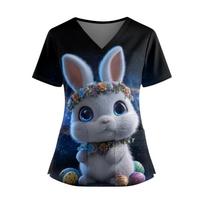 Women's Easter Print V-Neck Double Pocket Short Sleeve  Uniform Top With Slit Hem L juoda