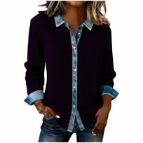 Womens Fashion Lapel Long Sleeved Denim Patchwork Button Up Shirt Loose Top L juoda