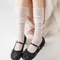 Miu Style Women's Mid-Calf White Ballet Lace Mesh Socks - Summer JK Thin Pile-Up Design One Size balta