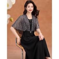 Women's Elegant Sequin Cape Sleeve High-Waist Midi Dress L