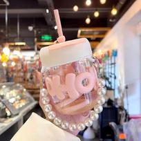 400ML Cute Girl Transparent Glass Heat Resistant Water Bottle With Pearl Bracelet Portable Double Drinking Coffee Mug Straw Cups 400ml