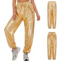 Metallic Cargo Jogger Pants Women Elastic Ruffled Waistband Side Pockets Shiny Hip Hop Stage Music Festival Club Wear S auksas