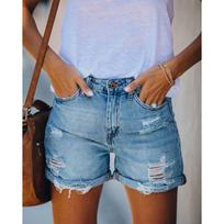 Women's Mid Waist Straight Denim Shorts Loose Fit Vintage Ripped Cuffed Hem Casual Summer Jean Shorts S šviesiai mėlyna spalva
