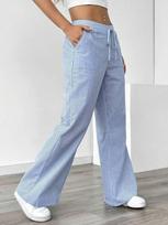 Women's Mid Rise Drawstring Waist Wide Leg Pants Loose Trousers Striped Print Casual Summer Daily Wear Long Trousers S mėlyna