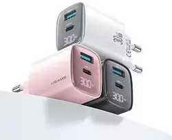 USAMS CC229 kelioninis įkroviklis | 30 W | GaN | USB-C, USB-A | baltas