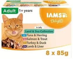 IAMS DELIGHTS „Land & Sea“ kolekcija želė dėžutėje – šlapias kačių ėdalas – 8 x 85 g
