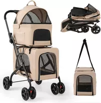 Promotions Dvivietis gyvūnų vežimėlis 3-in-1 su 2 nuimamais krepšiais, smėlio spalvos