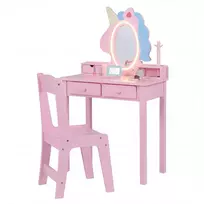 Promotions Vaikiškas tualetinis staliukas su apšviestu vienaragio veidrodžiu ir taburete 59x35x103,5 cm rožinė/balta