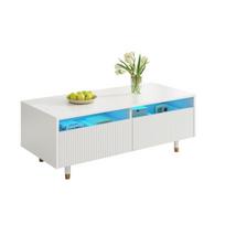 Modernus LED kavos staliukas, banguoti stalčiai, aukso-balta, LED juosta, tinka TV spintelė