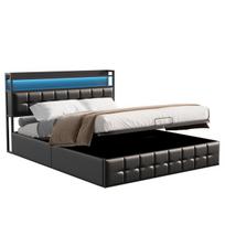 Dvigulė lova 160 x 200 cm, apmušta lova su LED, USB Type-C ir daiktadėže paaugliams ir suaugusiems, juoda PU