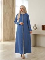 Moterų maldos suknelė Maxi siuvinėta su šoniniu užtrauktuku mėlyna L — moteriška abaja, musulmoniška suknelė, elegantiškas kaftanas, kukli apranga, suknelė eid šventei, ramadano apranga, ilga vakarinė suknelė, L