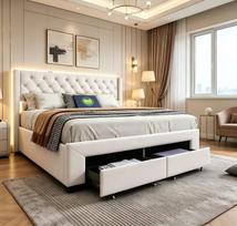 Aptraukta Lova 180x200cm Su LED Apšvietimu, USB Ir 2 Stalčiais, Dvigulė Lova, Galvūgalė Su Saugojimo Erdve, Smėlio Spalva, Aksominis Audinys