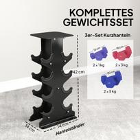 Hantelių rinkinys 3 poros su laikymo stovu 13x6x5.5 cm violetinė+rožinė+mėlyna metalas