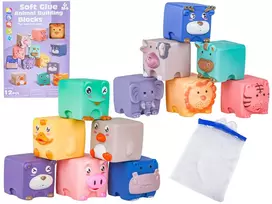 Minkštos sensorinės gyvūnų kaladėlės 12 vnt vaikams nuo 6 mėn