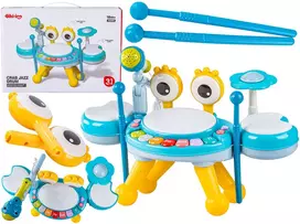 Edukacinis mėlynas mini būgnų, pianino, mikrofono ir krabo rinkinys vaikams