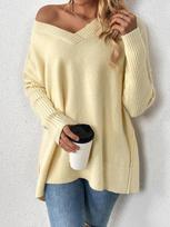 Autumn and winter pullover sweater with lazy style, V-neck casual patchwork long sleeved knitted sweater for women S