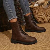 2025 Cow Leather Quality boots for woman Autumn Winter Square Med Heel Ankle Boots Lace Up Zipper botas mujer bottes femmes 36