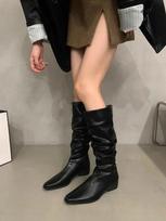 Stretch Soft Leather Women 2026 High Boots Fashion Pointed Toe Shoes Autumn Winter Thick Heel Ladies Long Booties 35
