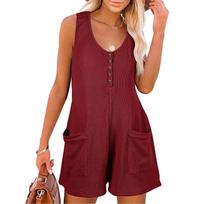 Womens Casual Scoop Neck With Pockets Sleeveless Button Down Tank Top Jumpsuit Shorts Rompers L