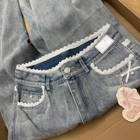 American High Street Style Lace Bow Wide-Leg Jeans for Women, New Autumn High-Waisted Loose Slimming Drape Straight Pants Blue S