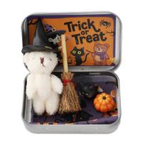 Halloween Bear in A Box Handmade Cute Witch Bear in A Tin for Trick or Treat Miniature Plush Bear with Broom Pumpkin Cat Halloween Party Gift for