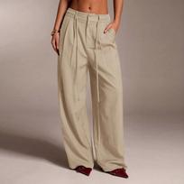 Women's Ffashionable Color Pocket Tie Loose Casual Suit Pants Commuting Straight Leg Casual Pants L
