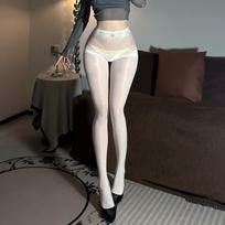 Fashion Lace Pantyhose Oil Shiny Glossy Tights Sexy Open Crotch High Waist Allure Vintage 5D Stocking Allure Nightwear Lingerie XL Closed Crotch white
