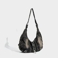 New Large-capacity Tote Bag, Women's Washed Denim Commuter Crossbody Bag with Rivets, American Trend Single-shoulder Bag