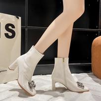 Women's Shoes 2024 Fashion Ankle Women's Boots Hot Sale Side Zipper Modern Boots Women Hot Sale Crystal Solid Heels Womenzapatos 35