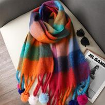 Luxury Plaid Scarf Winter Warm Cashmere Women Hairball Pashmina Foulard Female Scarves Lady Tassel Shawl Wraps  Design 40x215cm black