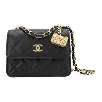 Chanel Woc 23s Mini armonikos formos pakabukas Deimantinio rašto odinis grandinėlės Grūdėta karvės odos medžiaga Auksinė furnitūra Per petį nešiojama rankinė Mažas dydis Moteriškas stilius Juodas Box(Basic Set+Box) juoda