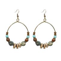 Bohemian Big Circle Wooden Beads Hook Earrings Women Ethnic Faux Turquoise Jewelry
