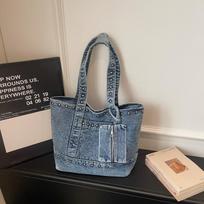 Korean Retro Rivet Denim Shoulder Bags for Women Large Capacity Ladies Casual Tote Simple Thread Design Student Class Handbag