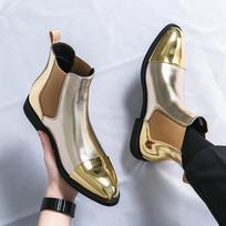 Gold Fashion Men's Pointed Toe Chelsea Boots - High Top Leather Hairdresser Boots 43