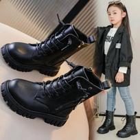 Girls' Boots Winter 2024 New British Style Children's Short Boots Plush Little Princess Baby Leather Short Boots Black Classic 27