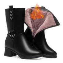 High Boot For Women Black Brown  Leather High Heel Women's Shoes Mid-calf Boots Non Slip Thick Plush Female Winter Boots 35